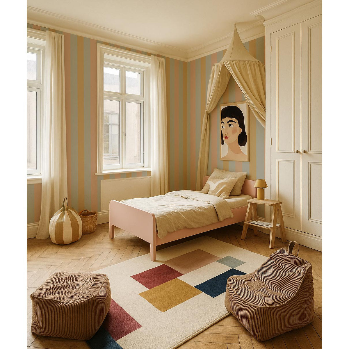 Stripes blue salmon yellow Tapeta